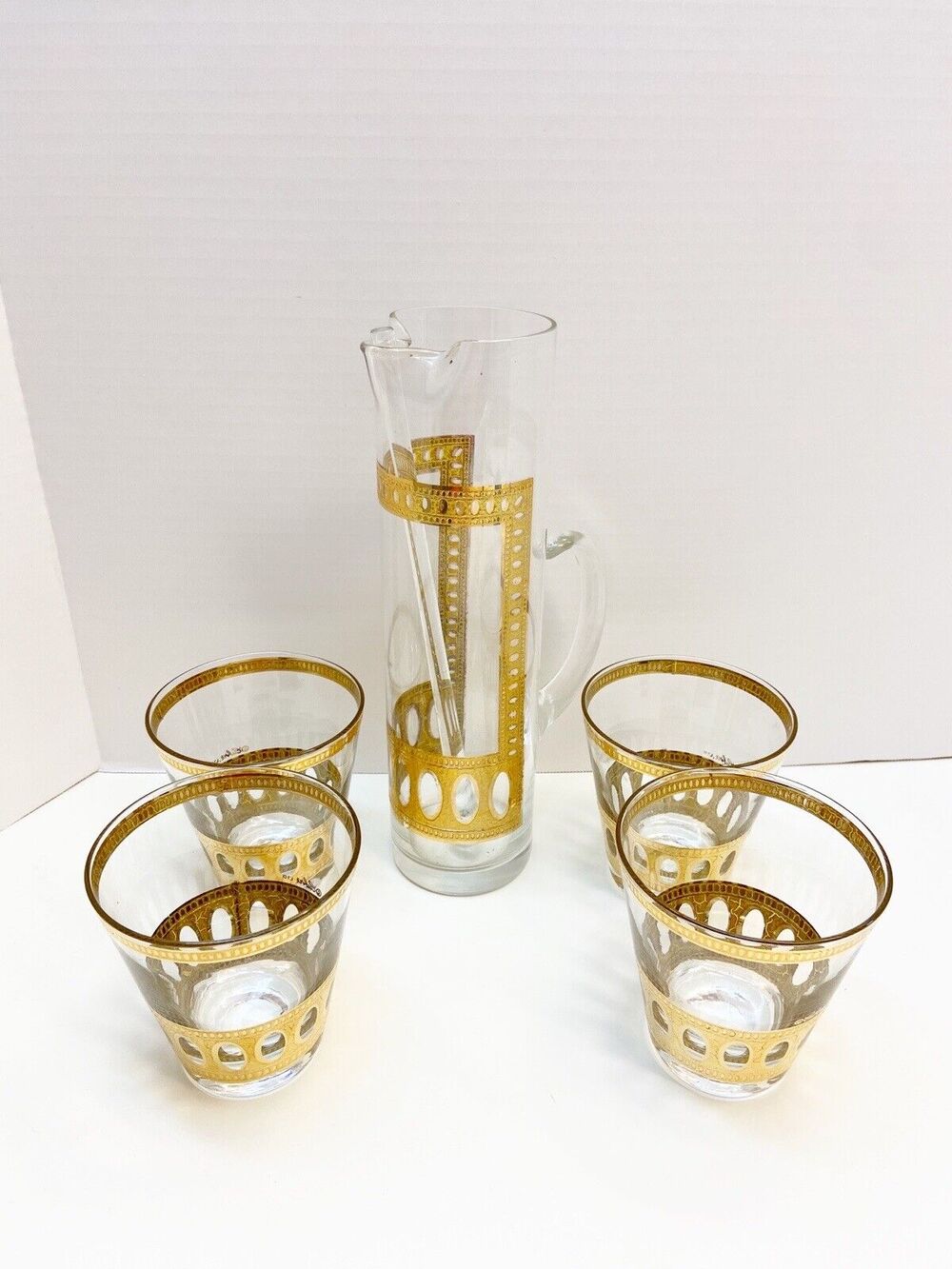 Vintage Culver LTD Antigua Pattern 22K Set of 4 Lowball Glasses & Serving Pitche